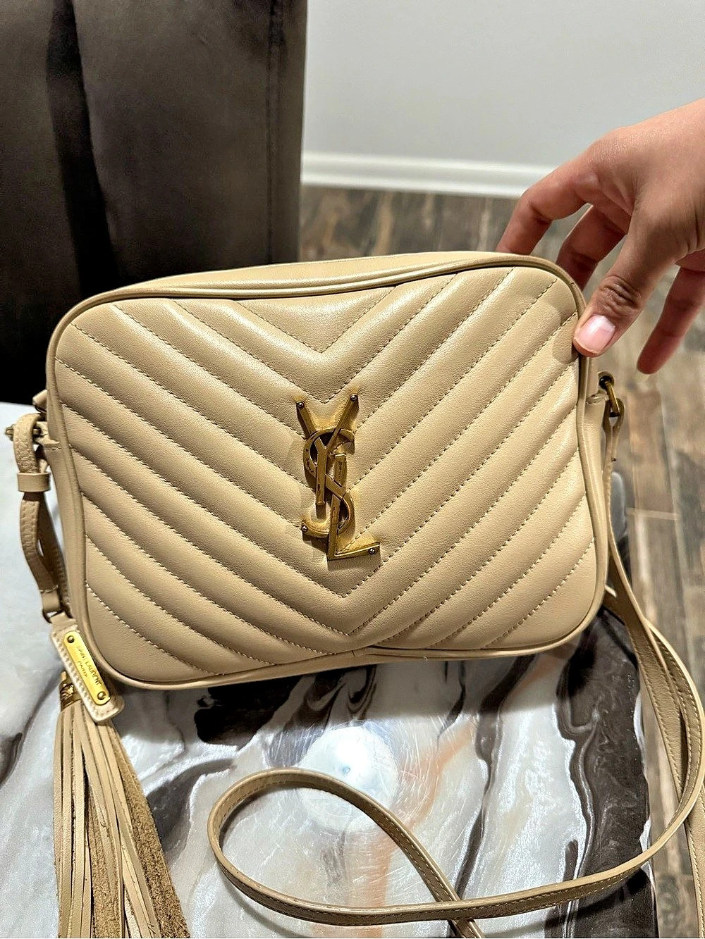 SAINT LAURENT Beige Lou Crossbody Bag in Quilted Leather